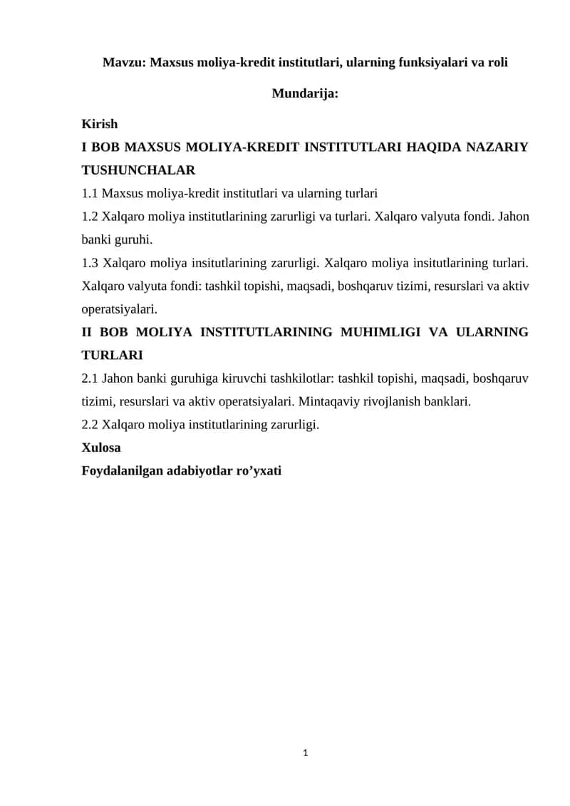 : Maxsus moliya-kredit institutlari, ularning funksiyalari va roli