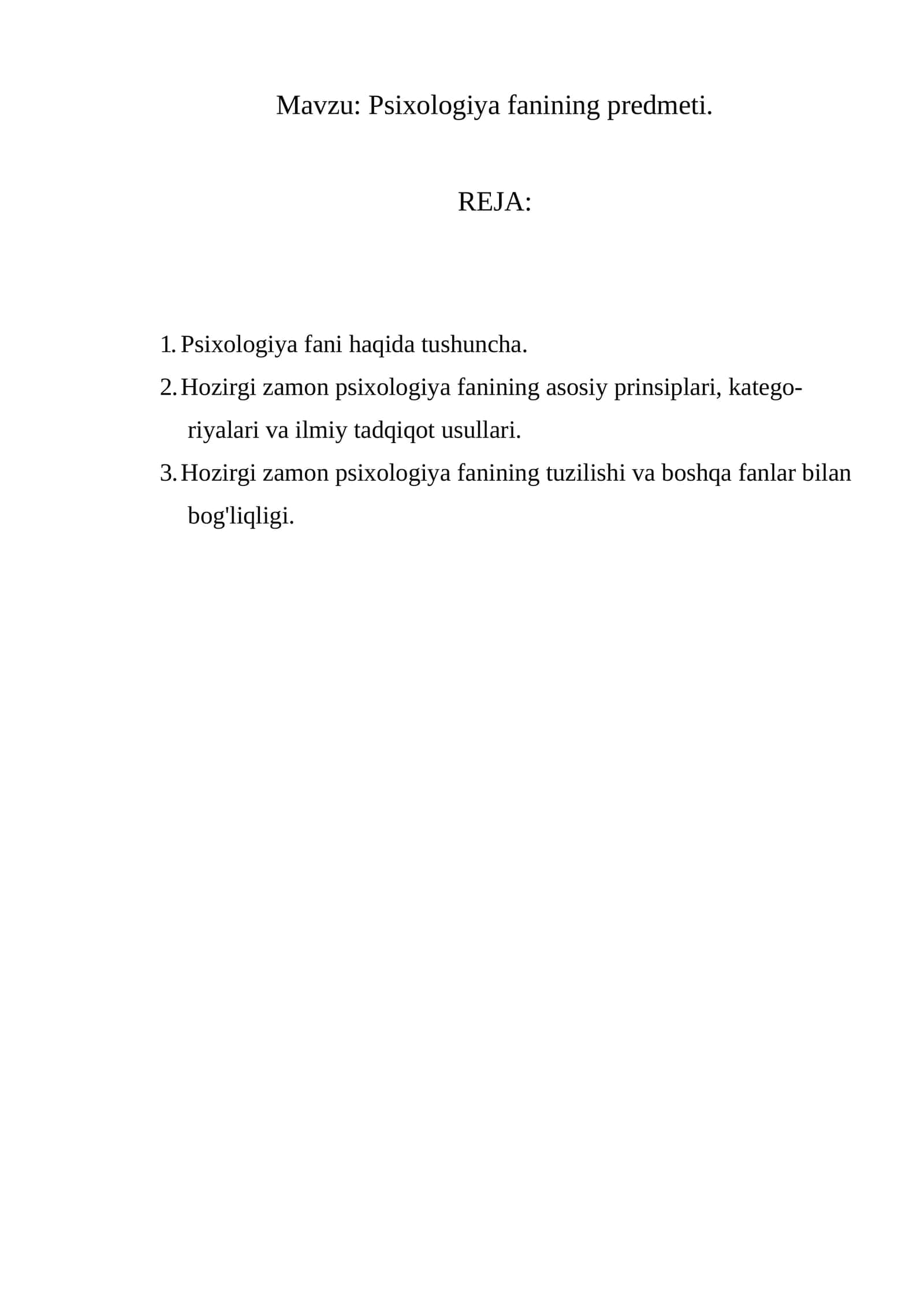 Psixologiya fanining predmeti