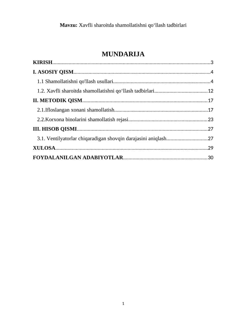Xavfli sharoitda shamollatishni qo‘llash tadbirlari