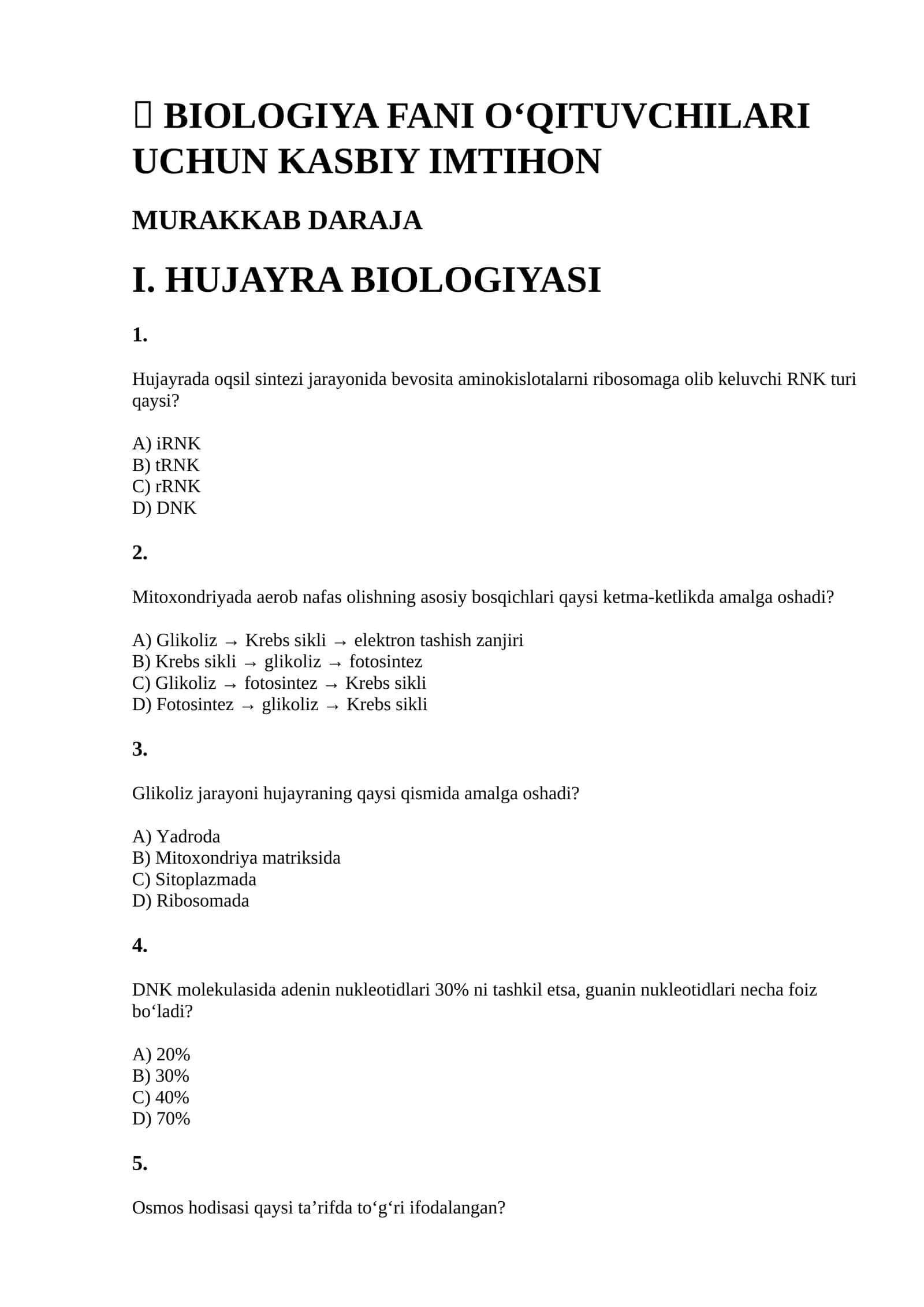 BIOLOGIYA FANI O‘QITUVCHILARI UCHUN KASBIY IMTIHON