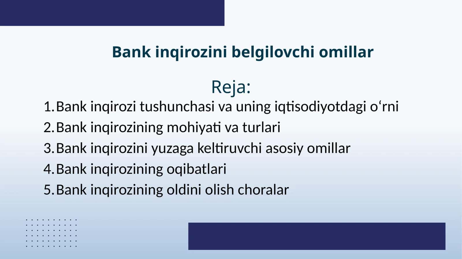 Bank inqirozini belgilovchi omillar
