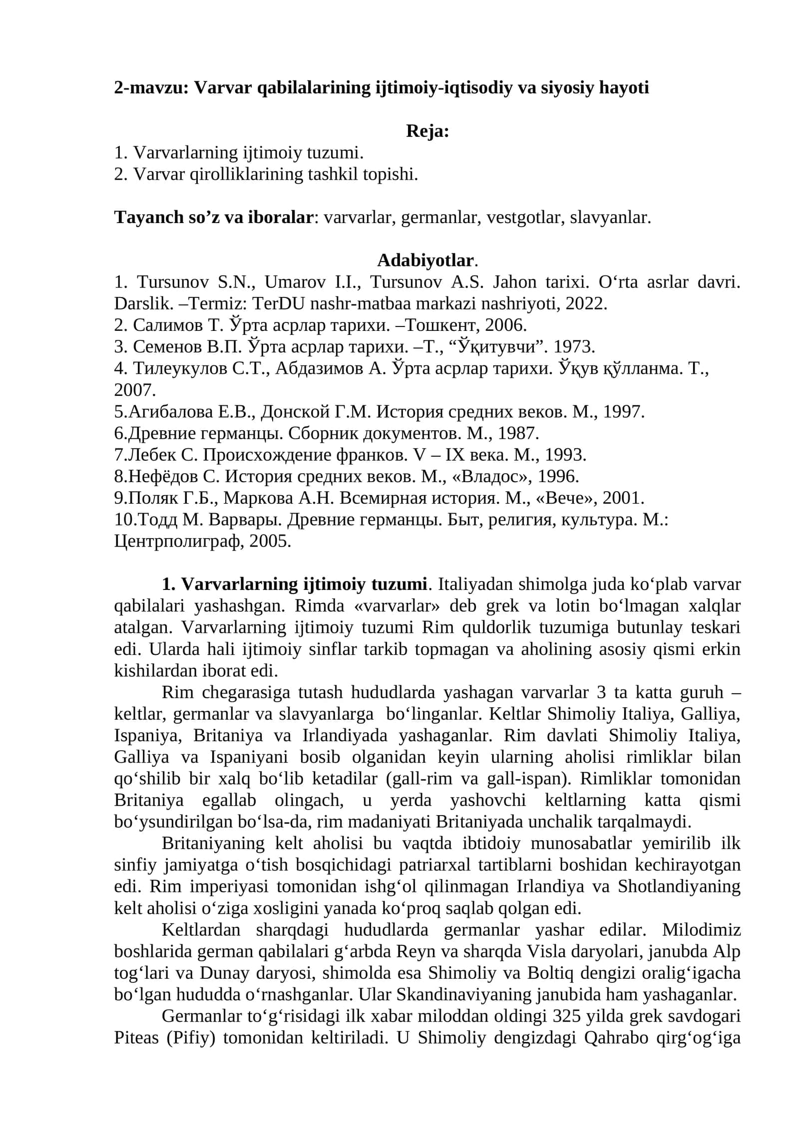 2-mavzu: Varvar qabilalarining ijtimoiy-iqtisodiy va siyosiy hayoti