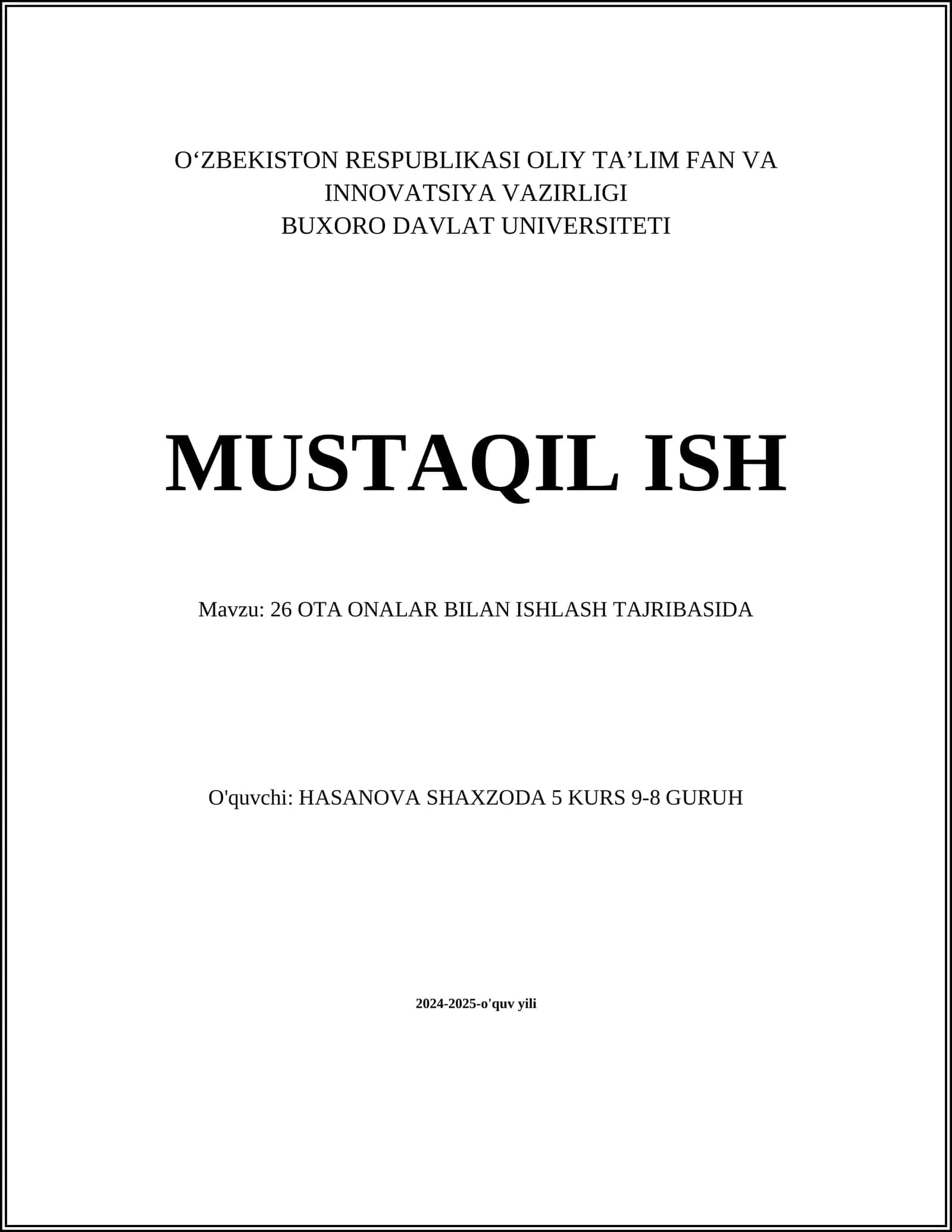 26 OTA ONALAR BILAN ISHLASH TAJRIBASIDA