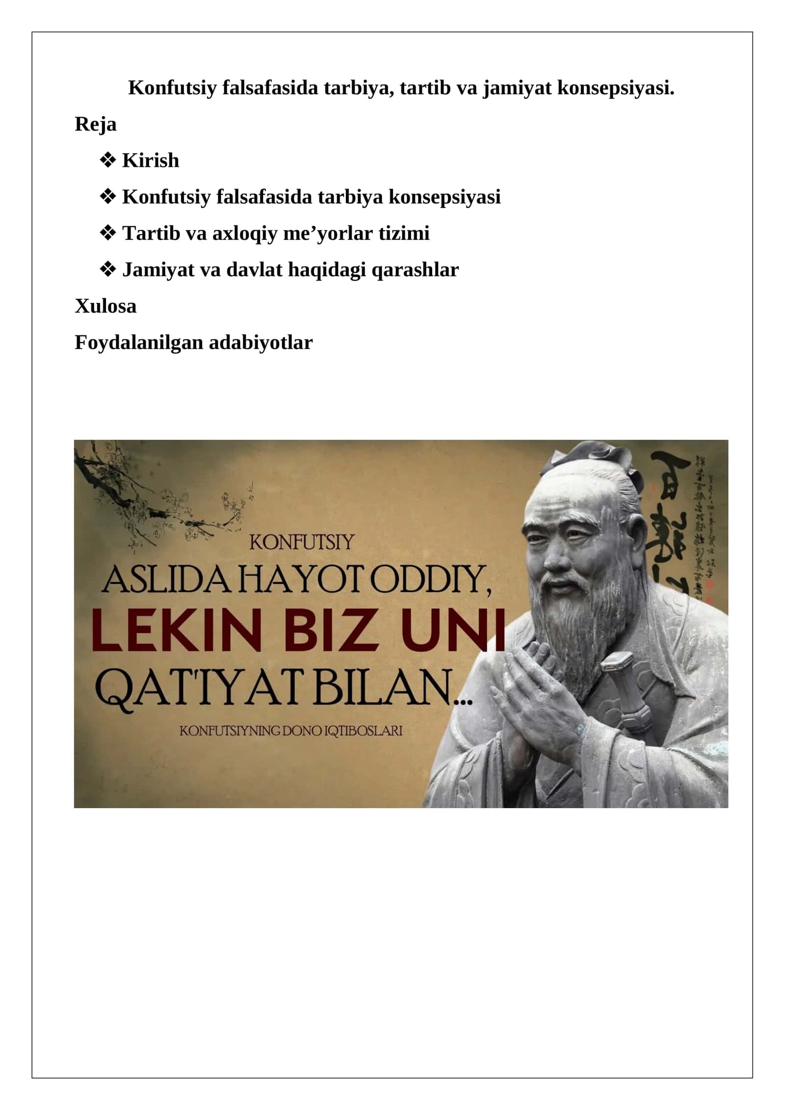 Konfutsiy falsafasida tarbiya, tartib va jamiyat konsepsiyasi