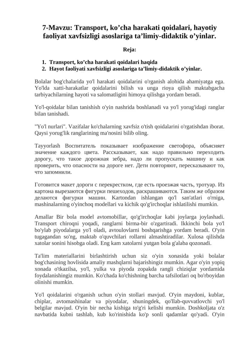 Transport, ko’cha harakati qoidalari, hayotiy faoliyat xavfsizligi asoslariga ta’limiy-didaktik o’yinlar