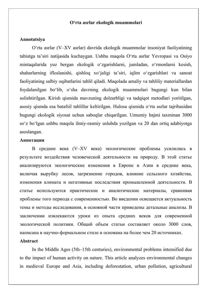 O‘rta asrlar ekologik muammolari maqola