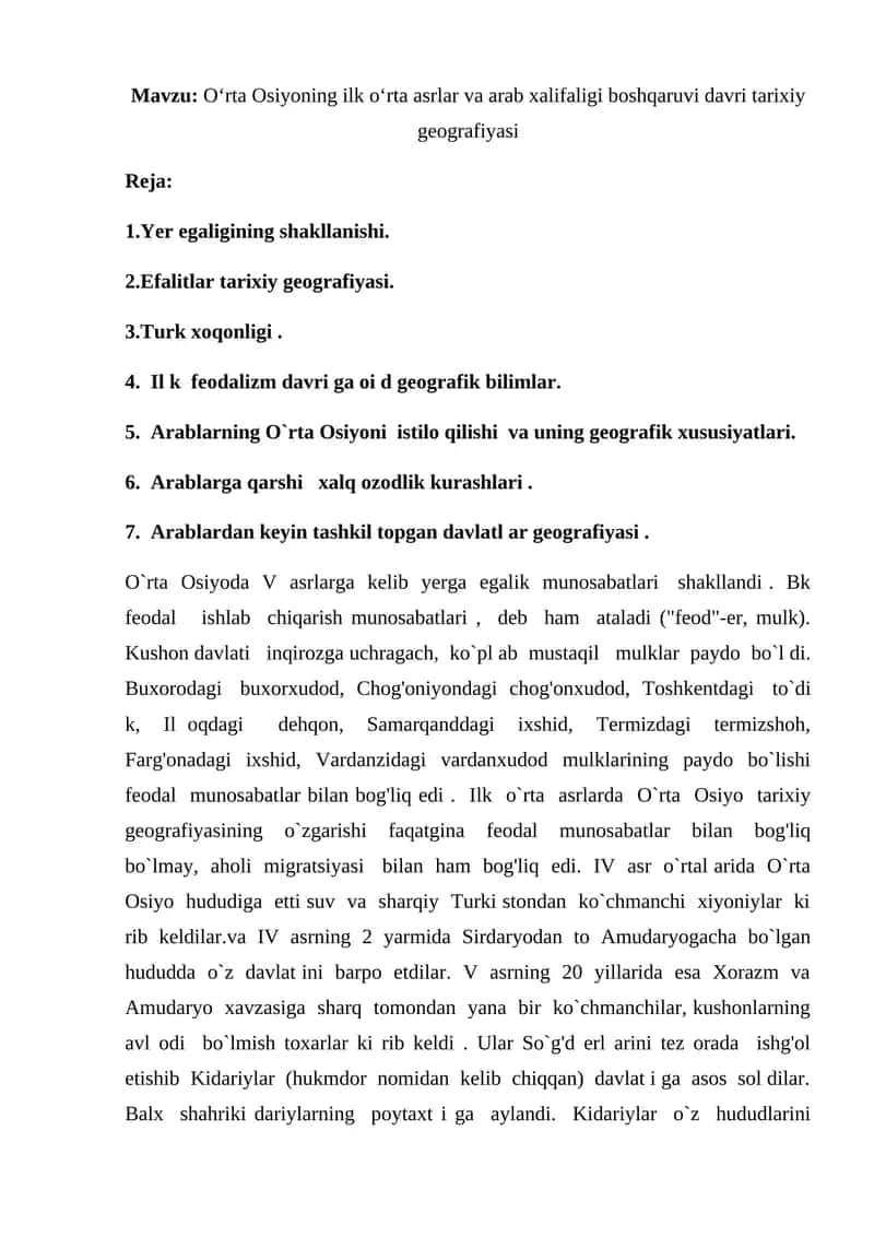 O‘rta Osiyoning ilk o‘rta asrlar va arab xalifaligi boshqaruvi davri tarixiy geografiyasi