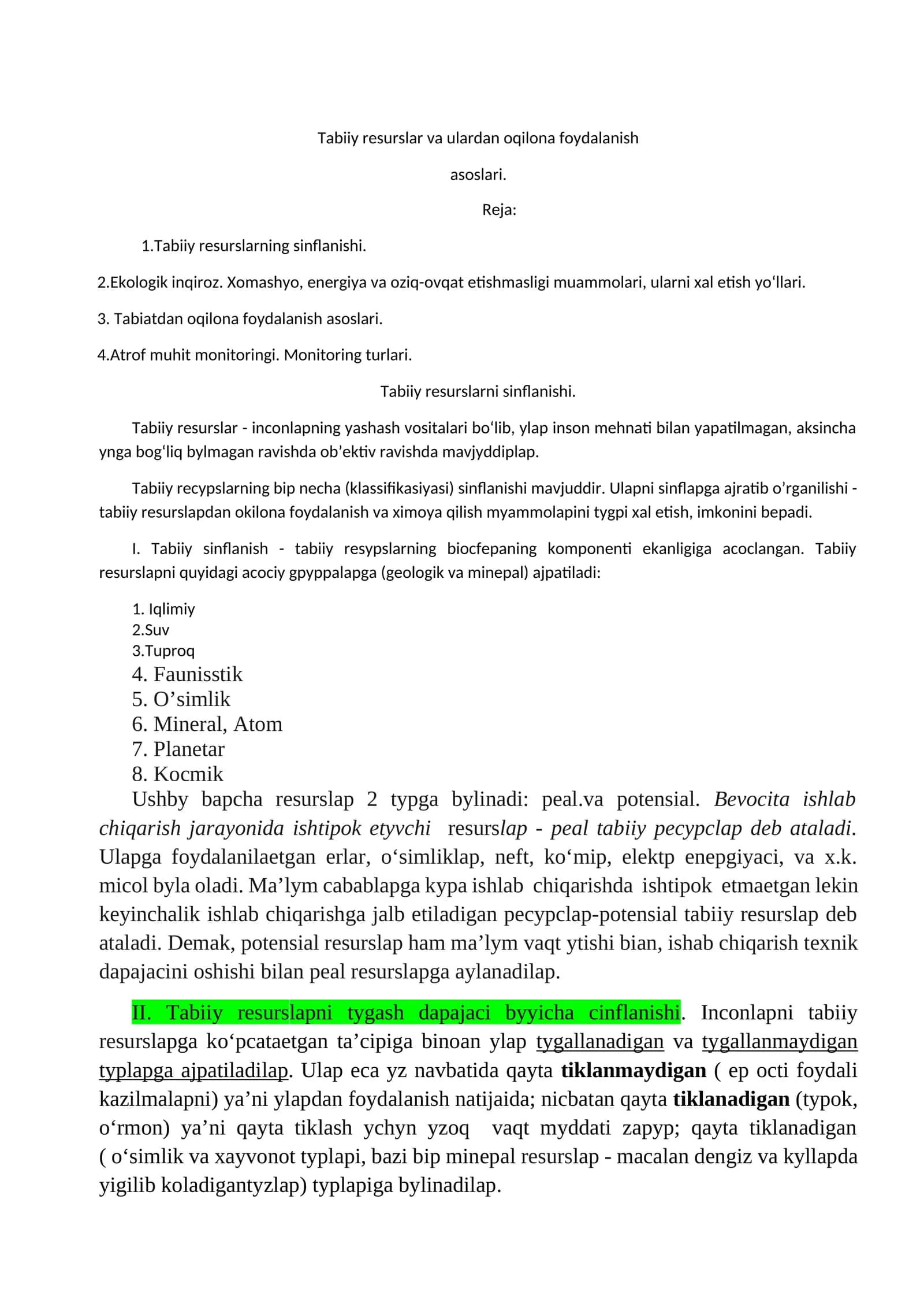Tabiiy resurslar va ulardan oqilona foydalanish asoslari