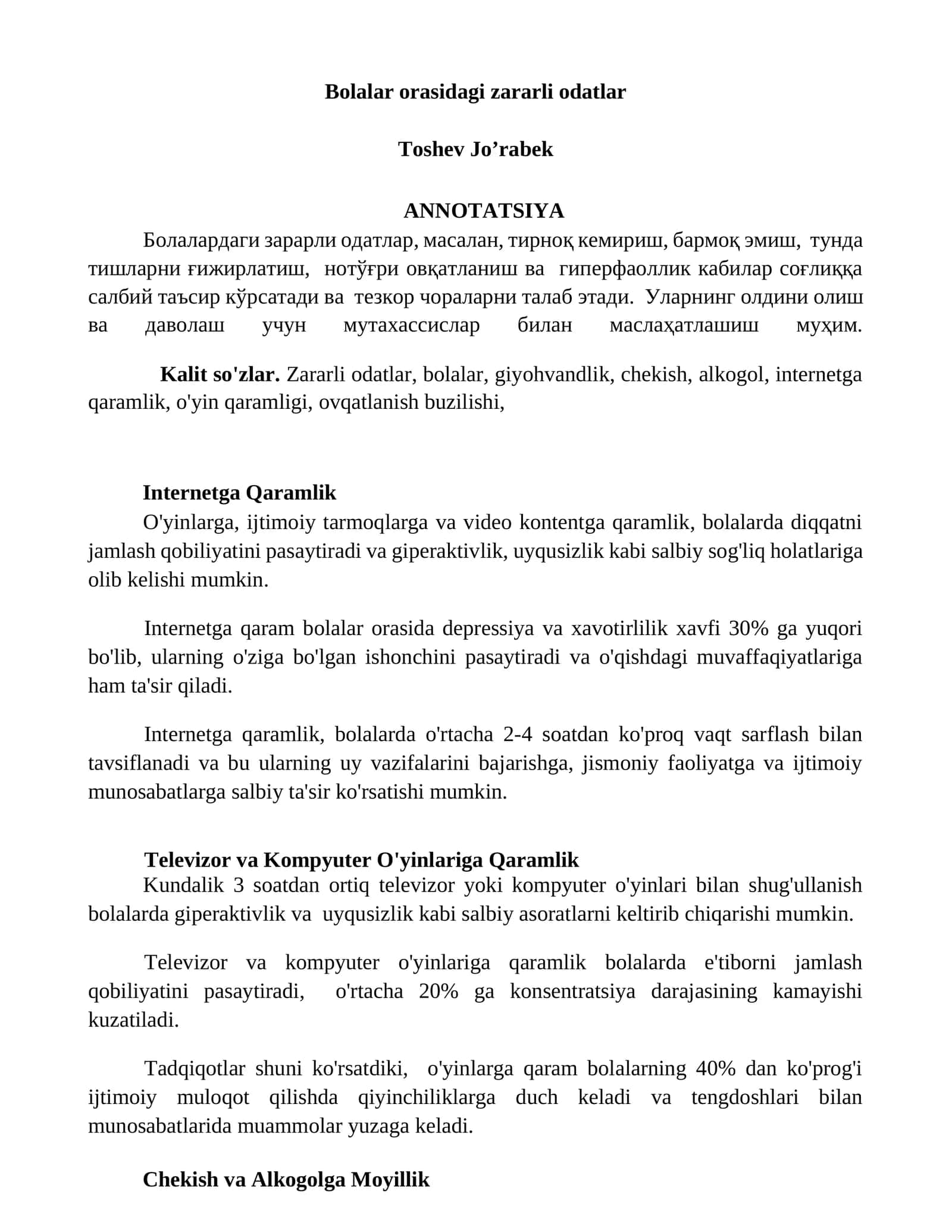 Bolalar orasidagi zararli odatlar