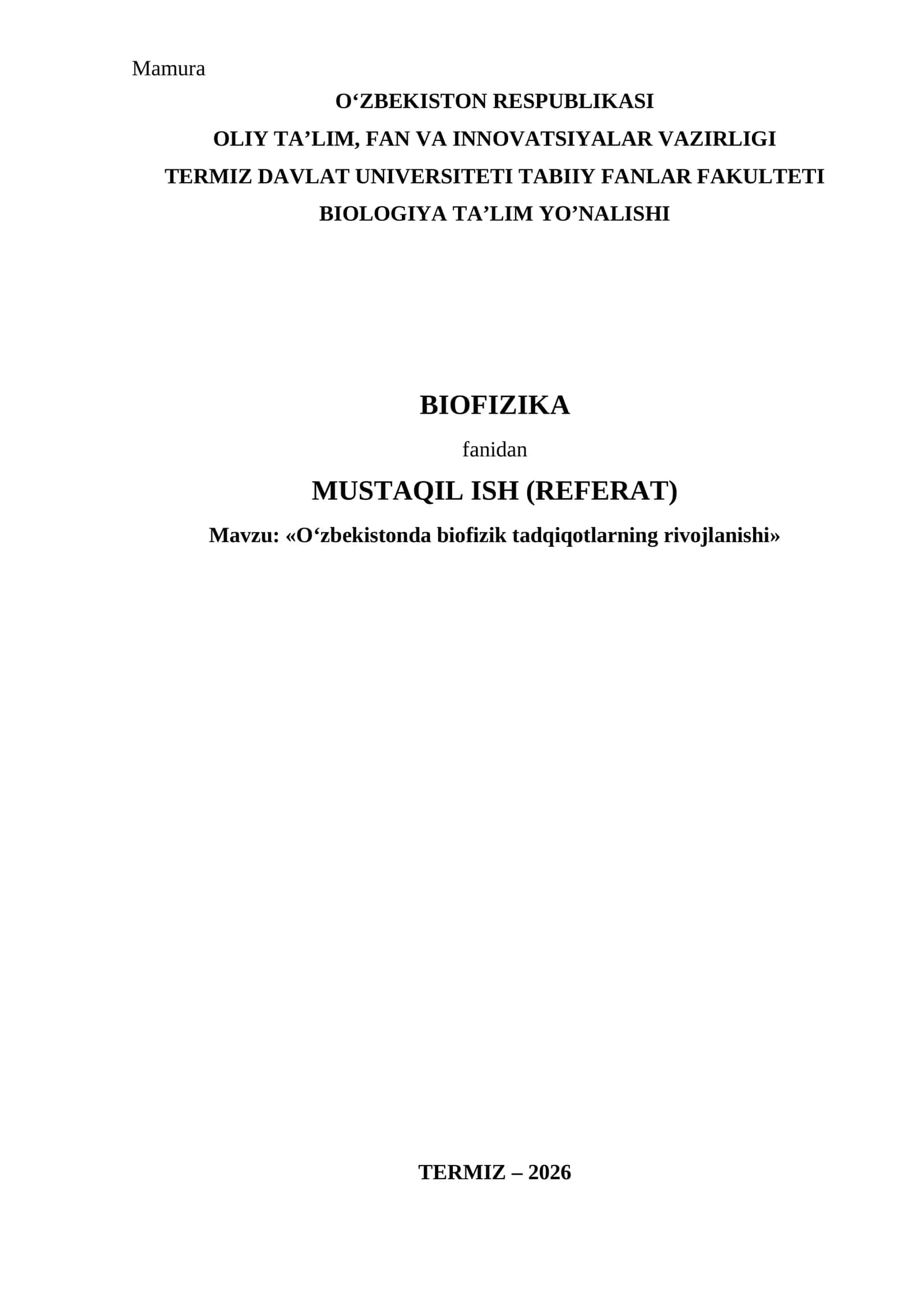 Ozbekistonda biofizika fanining rivojlanishi