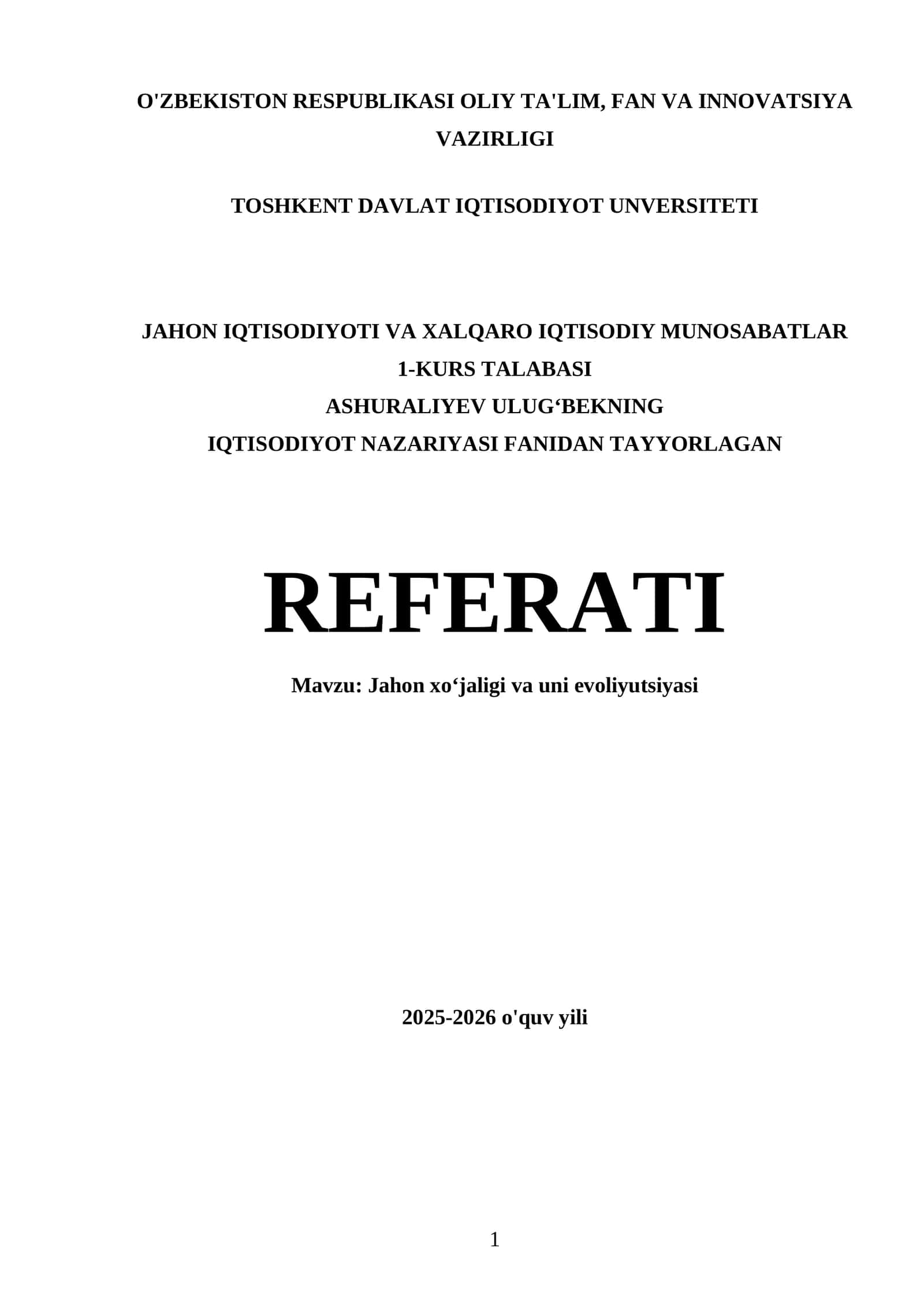 IQTISODIYOT NAZARIYASI FANIDAN TAYYORLAGAN REFERATI