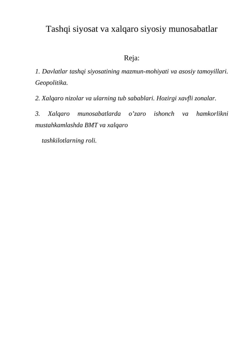 Tashqi siyosat va xalqaro siyosiy munosabatlar
