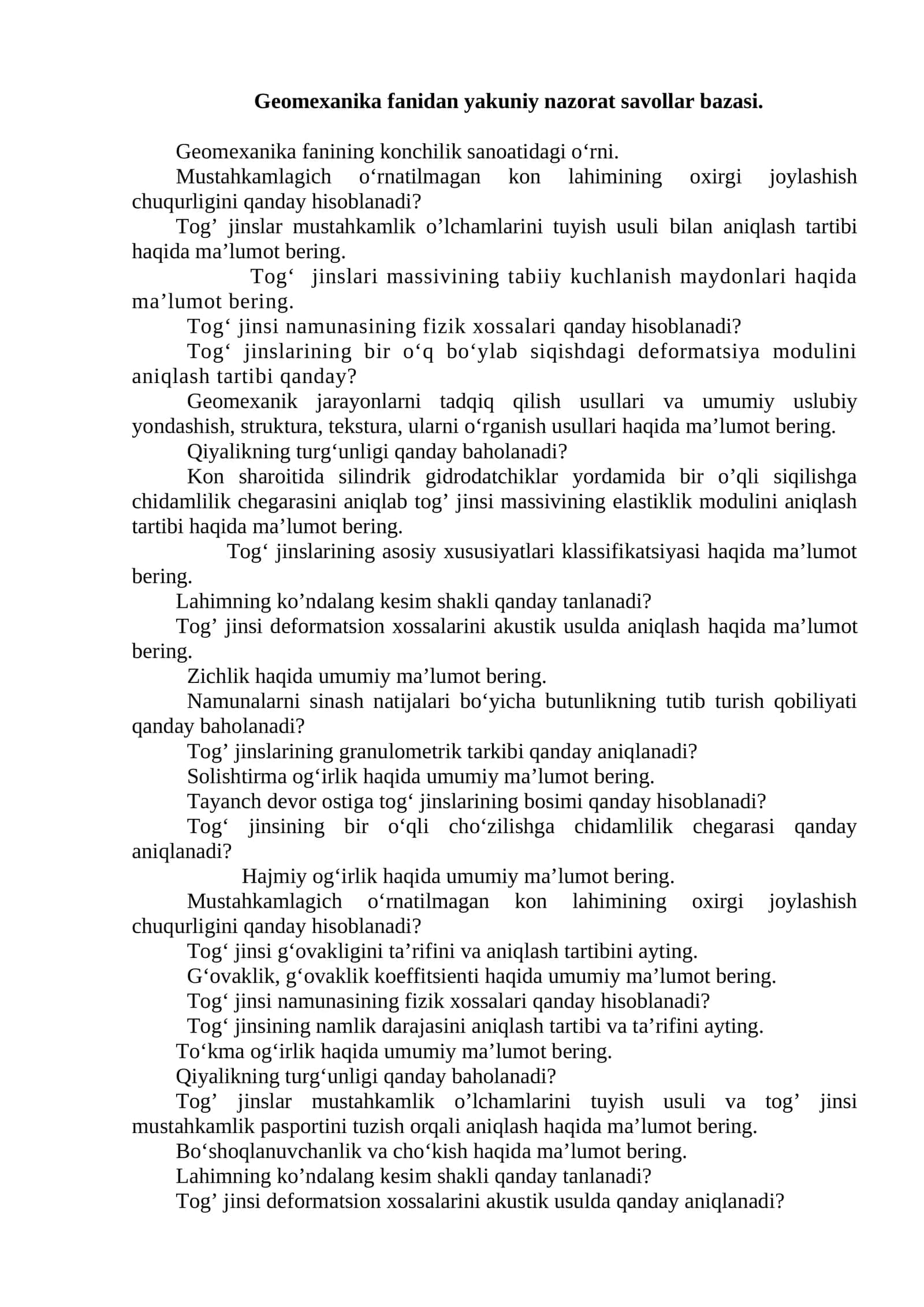 Geomexanika fanidan yakuniy nazorat savollar bazasi