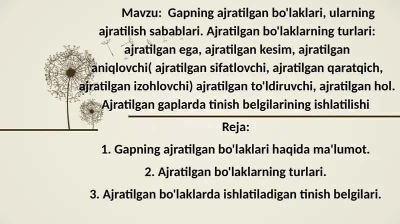 Gapning ajratilgan bo'laklari, ularning ajratilish sabablari. Ajratilgan bo'laklarning turlari