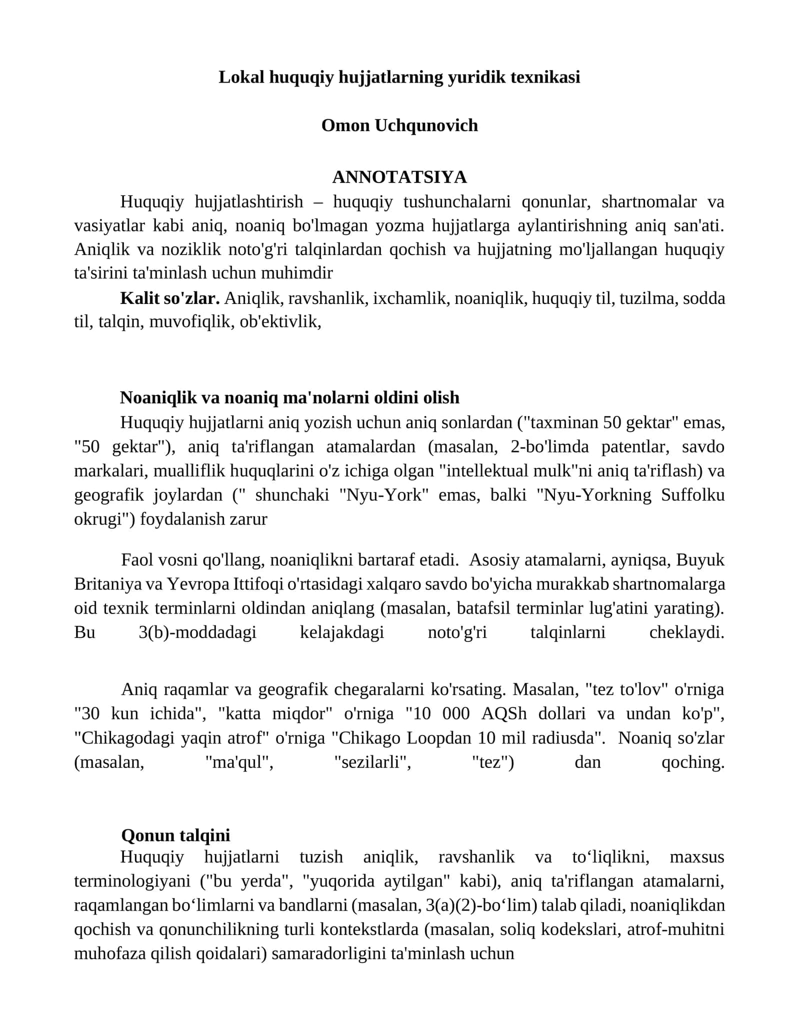 Lokal huquqiy hujjatlarning yuridik texnikasi