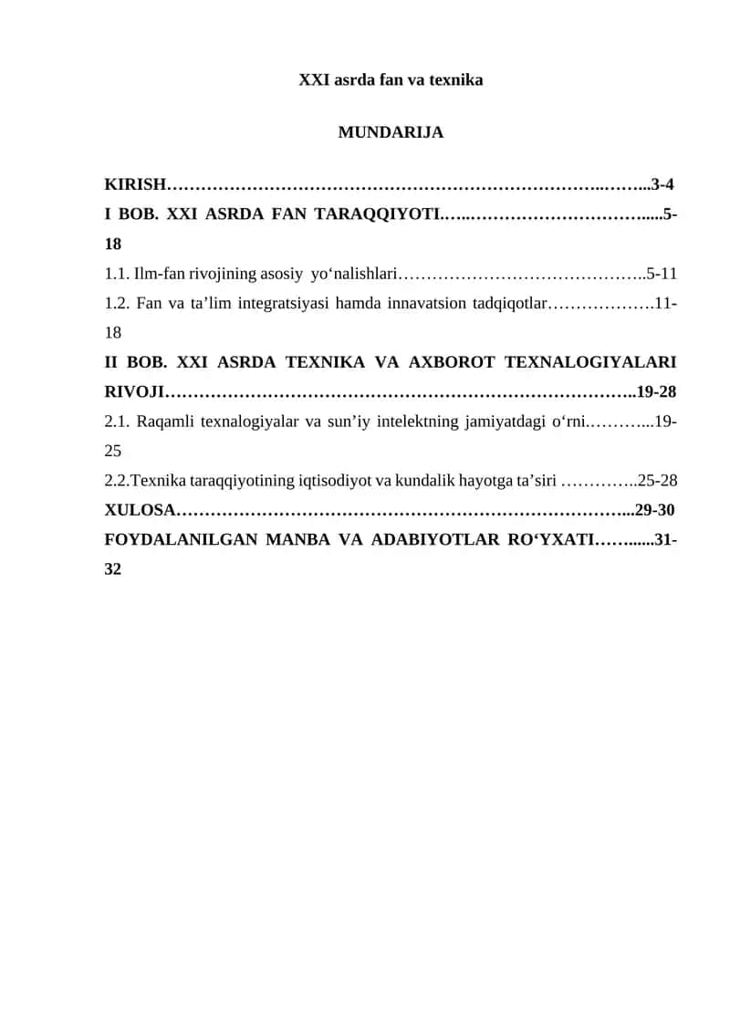 XXI asrda fan va texnika kurs ishi