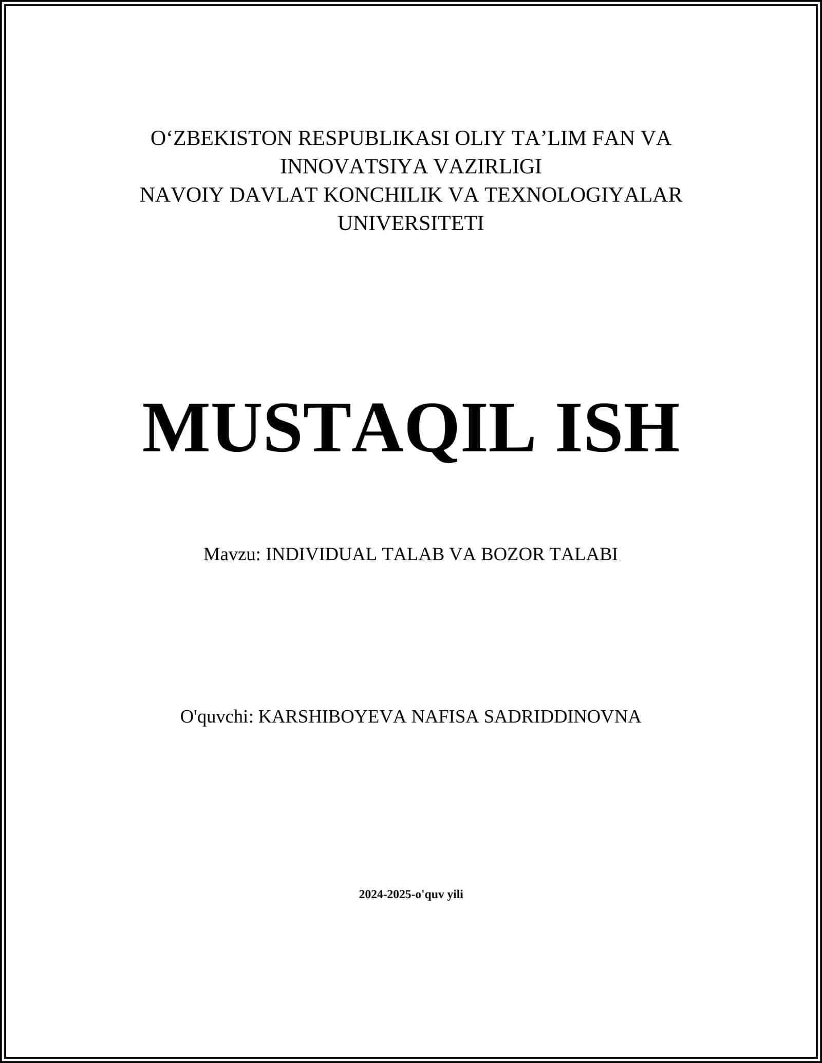 INDIVIDUAL TALAB VA BOZOR TALABI