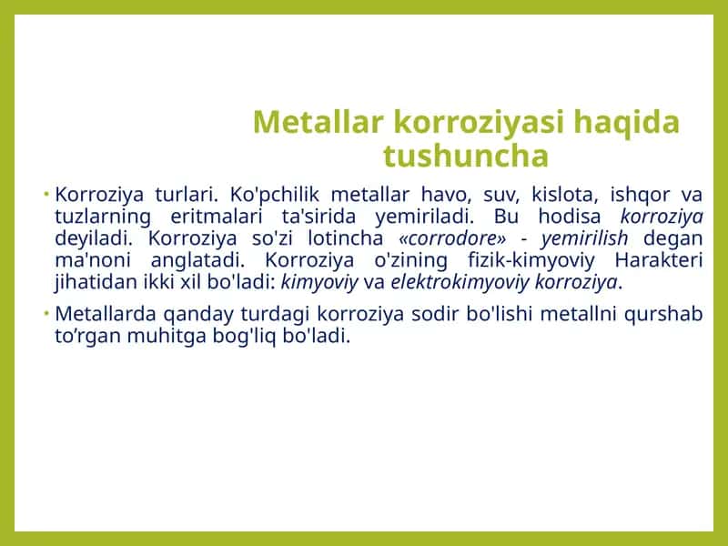 Metallarkorroziyasi haqida tushuncha