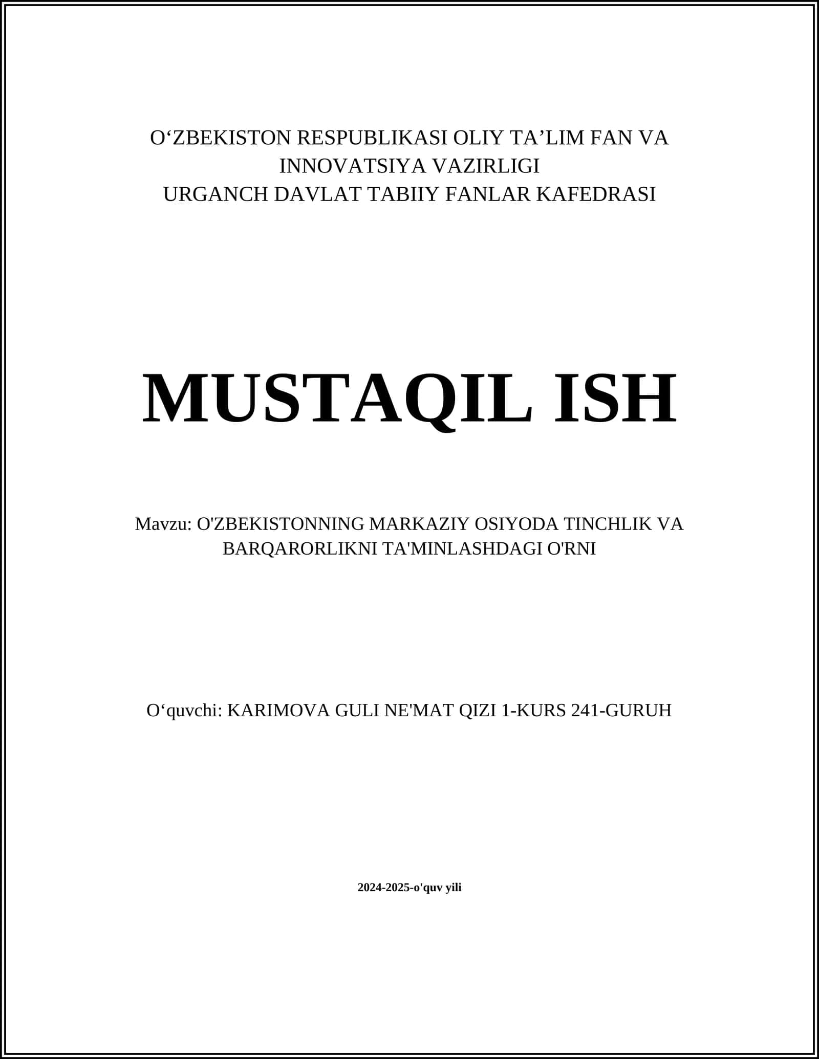 O'zbekistonning Markaziy Osiyodagi Tinchlik va Barqarorlik