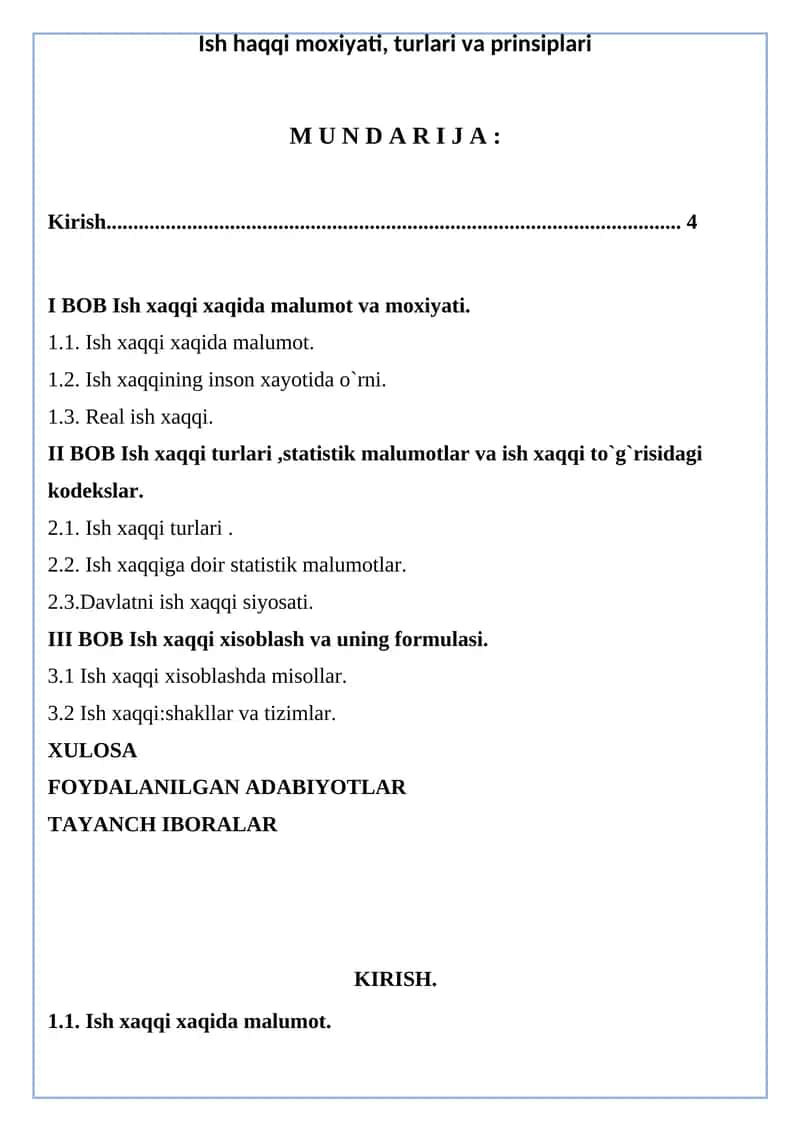 Ish haqqi mohiyati, turlari va prinsiplari
