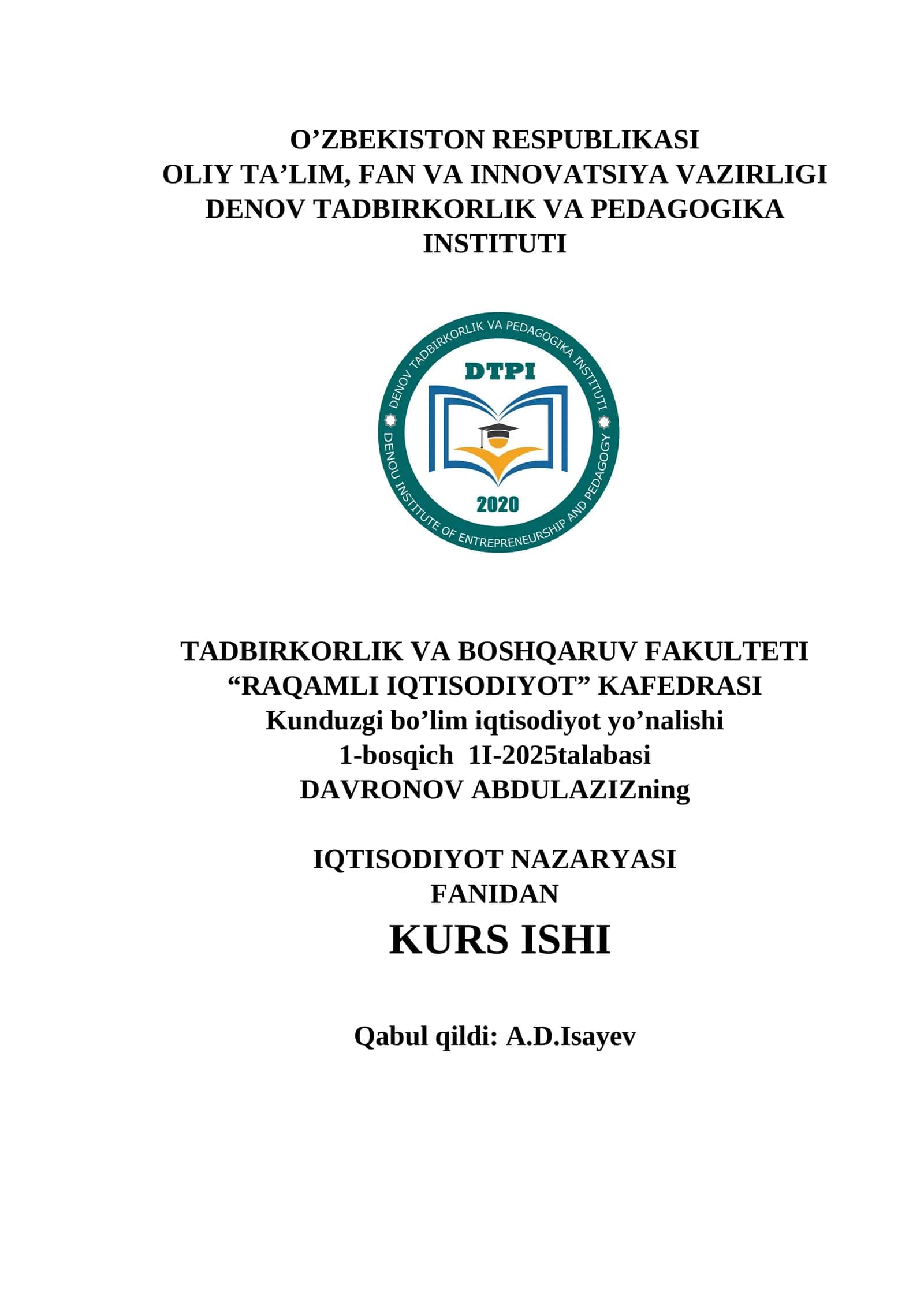 IQTISODIYOT NAZARYASI FANIDAN KURS ISHI