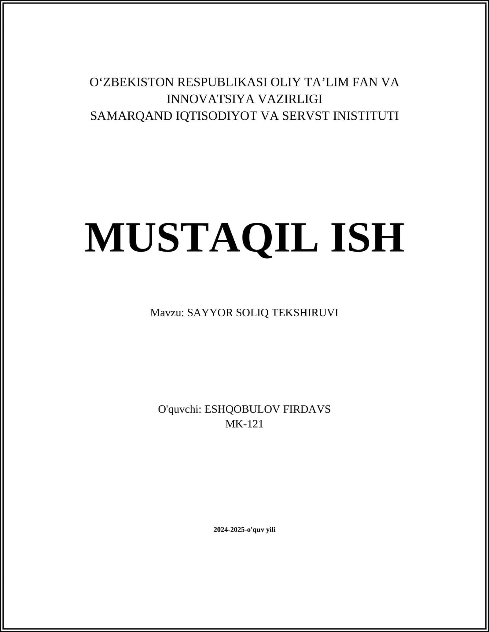 SAYYOR SOLIQ TEKSHIRUVI