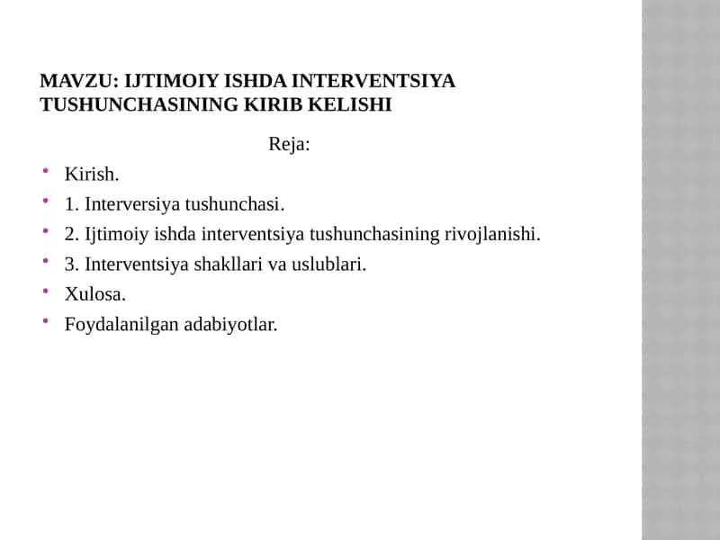 ijtimoiy ishda interventsiya tushunchasining kirib kelishi