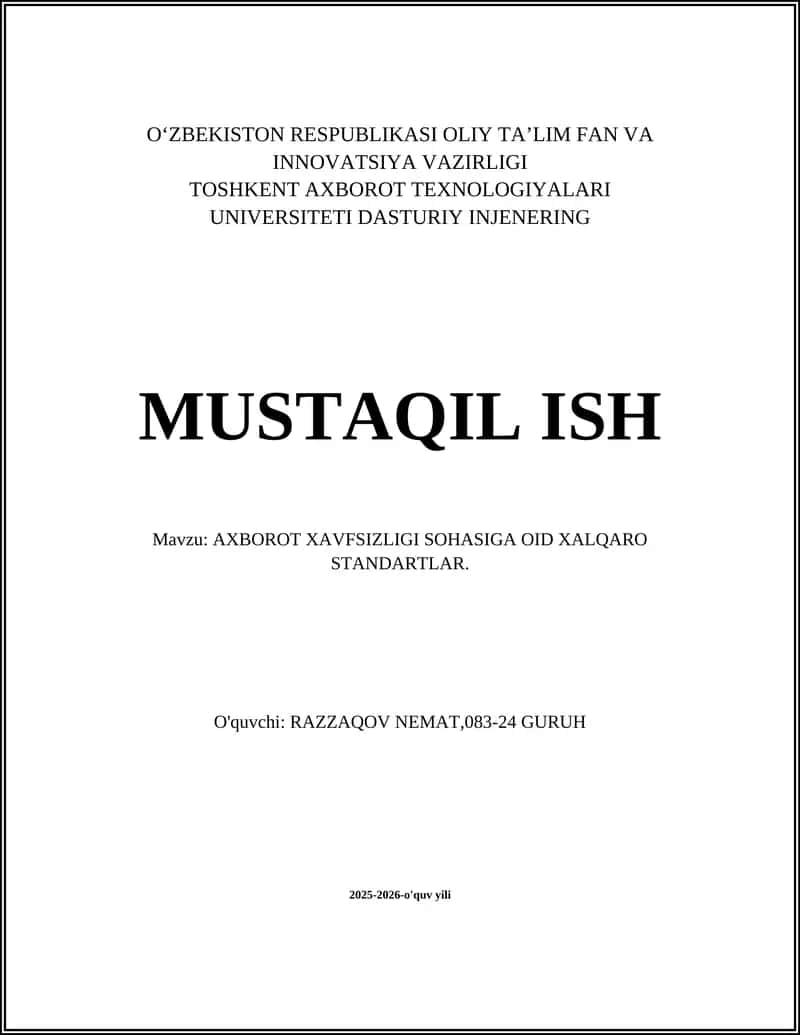 AXBOROT XAVFSIZLIGI SOHASIGA OID XALQARO STANDARTLAR