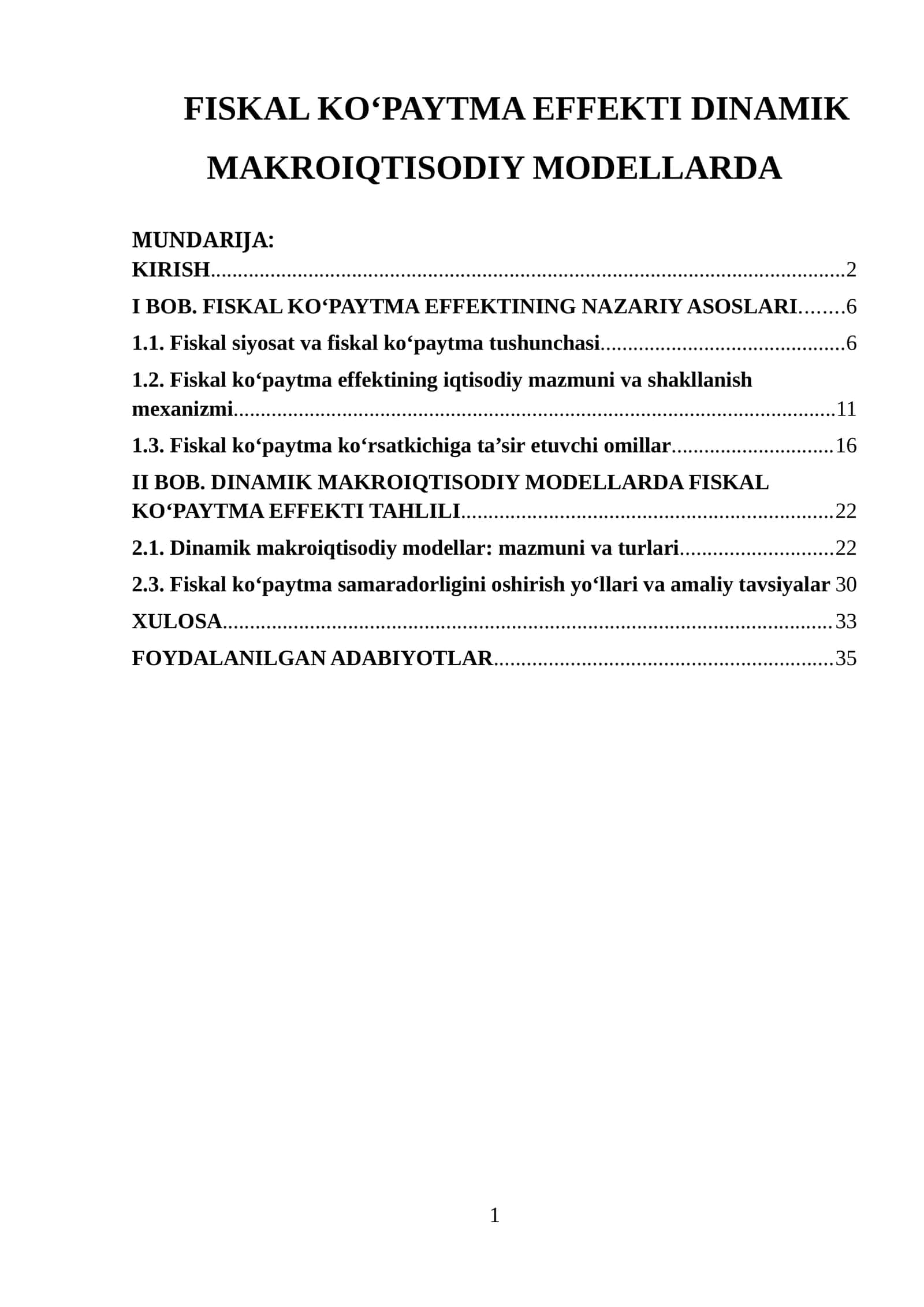 FISKAL KO‘PAYTMA EFFEKTI DINAMIK MAKROIQTISODIY MODELLARDA