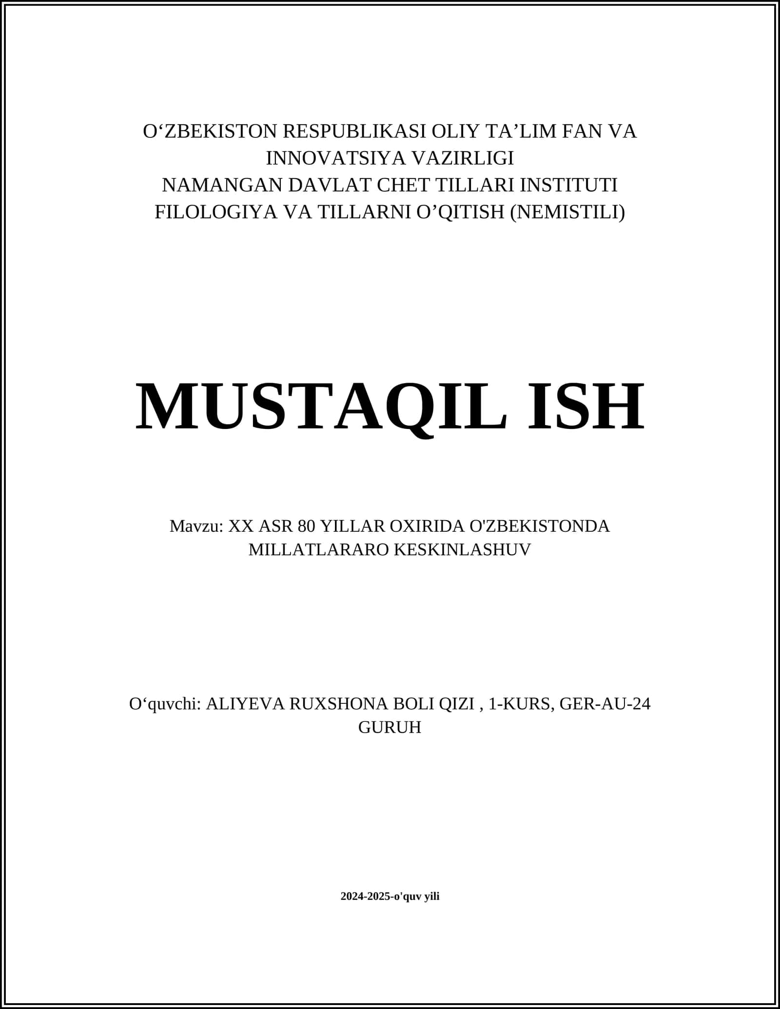 XX ASR 80 YILLAR OXIRIDA O'ZBEKISTONDA MILLATLARARO KESKINLASHUV