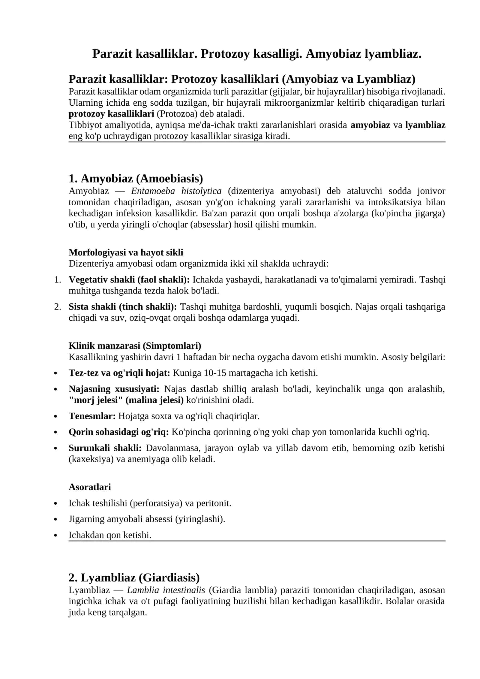 Parazit kasalliklar: Protozoy kasalliklari (Amyobiaz va Lyambliaz)