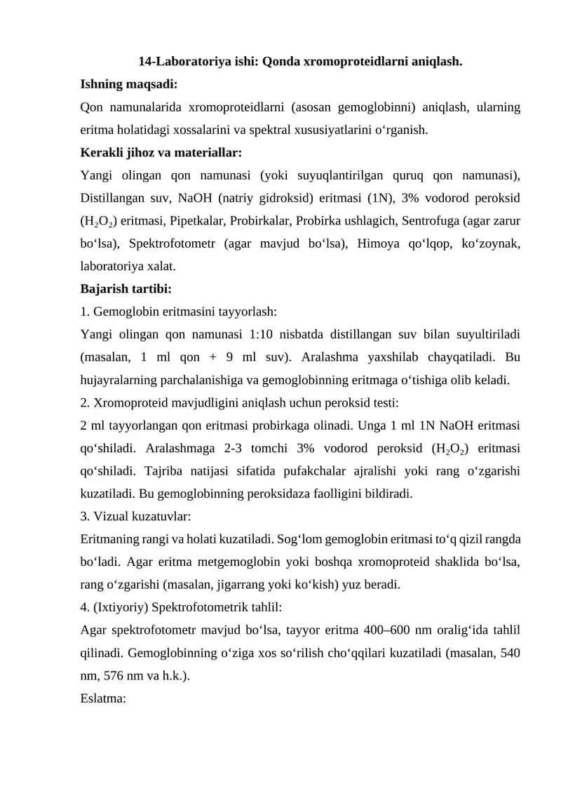 14-Laboratoriya ishi: Qonda xromoproteidlarni aniqlash