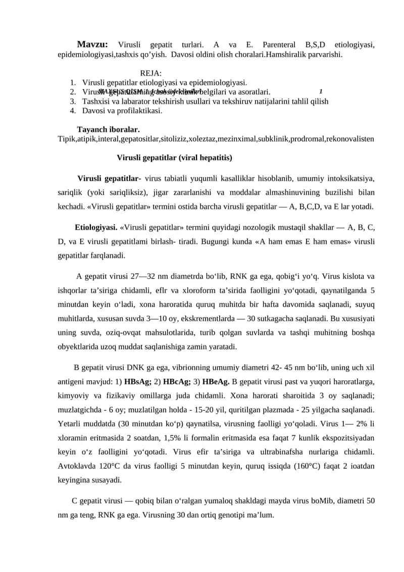 Virusli gepatitlar, epidemiologiya va parazitologiya