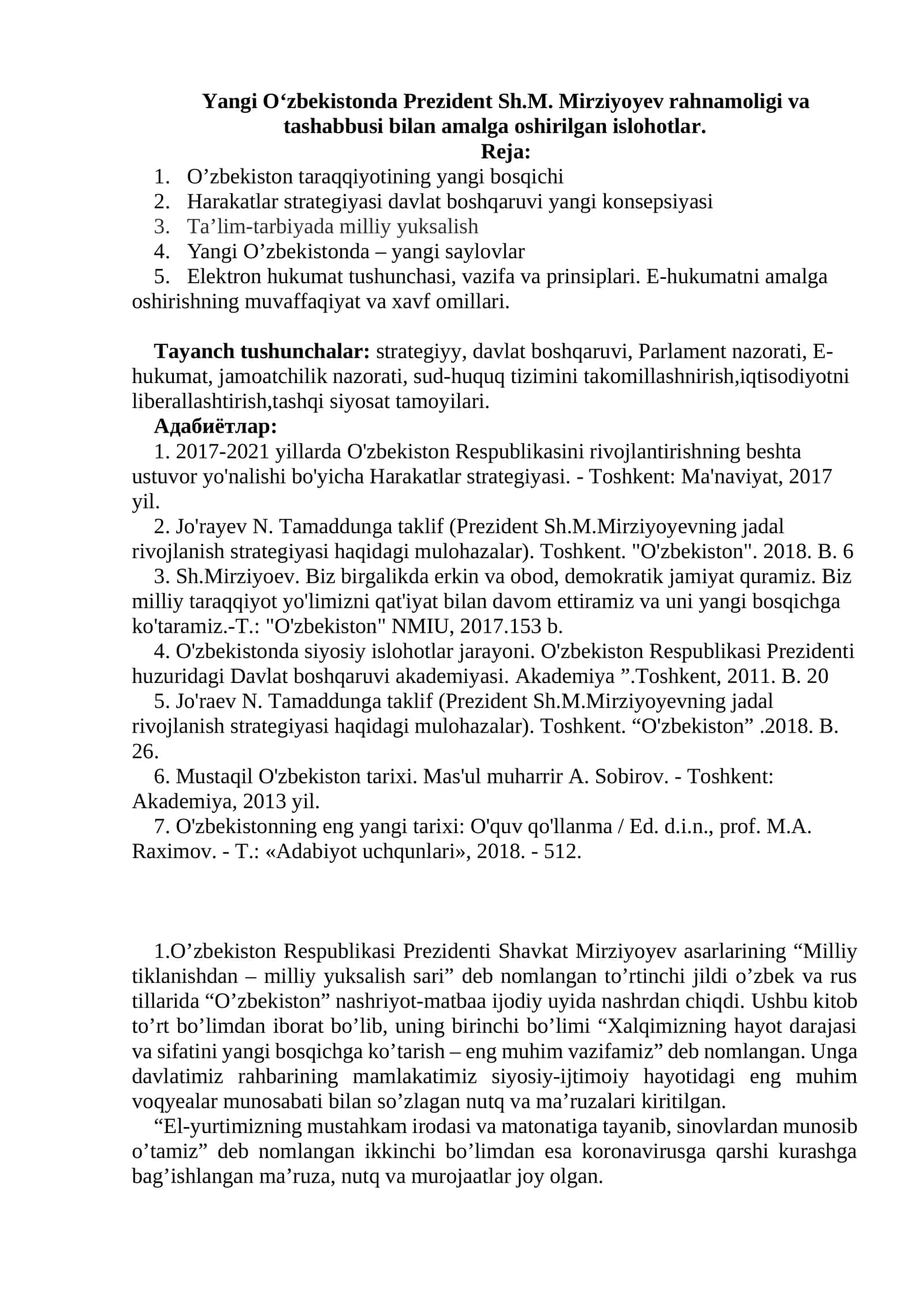 Yangi O‘zbekistonda Prezident Sh.M. Mirziyoyev rahnamoligi va tashabbusi bilan amalga oshirilgan islohotlar