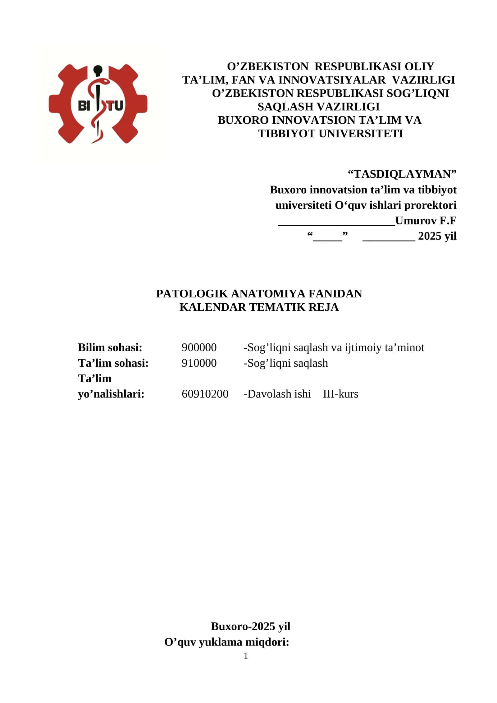 PATOLOGIK ANATOMIYA FANIDAN KALENDAR TEMATIK REJA