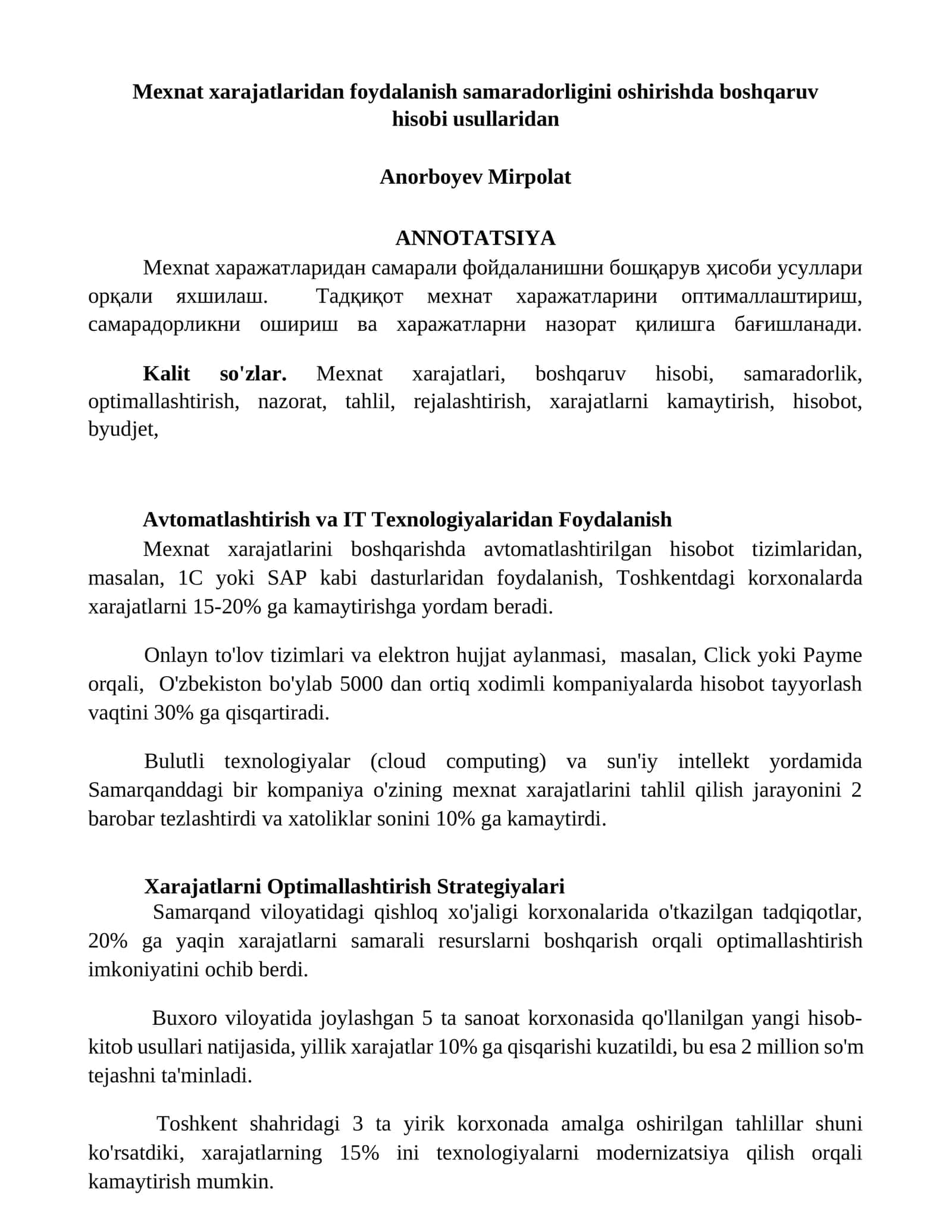 Mexnat xarajatlaridan foydalanish samaradorligini oshirishda boshqaruv hisobi usullaridan