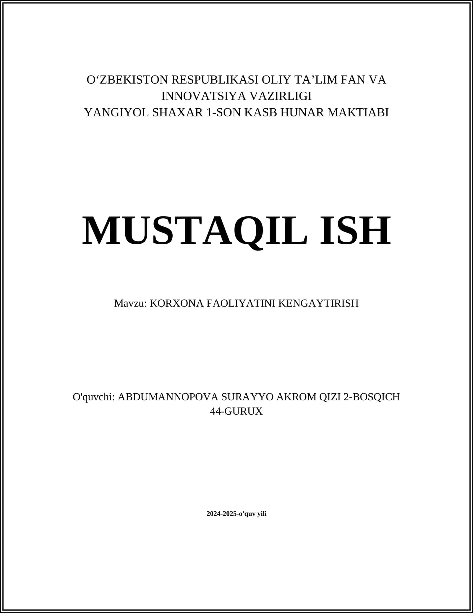 KORXONA FAOLIYATINI KENGAYTIRISH