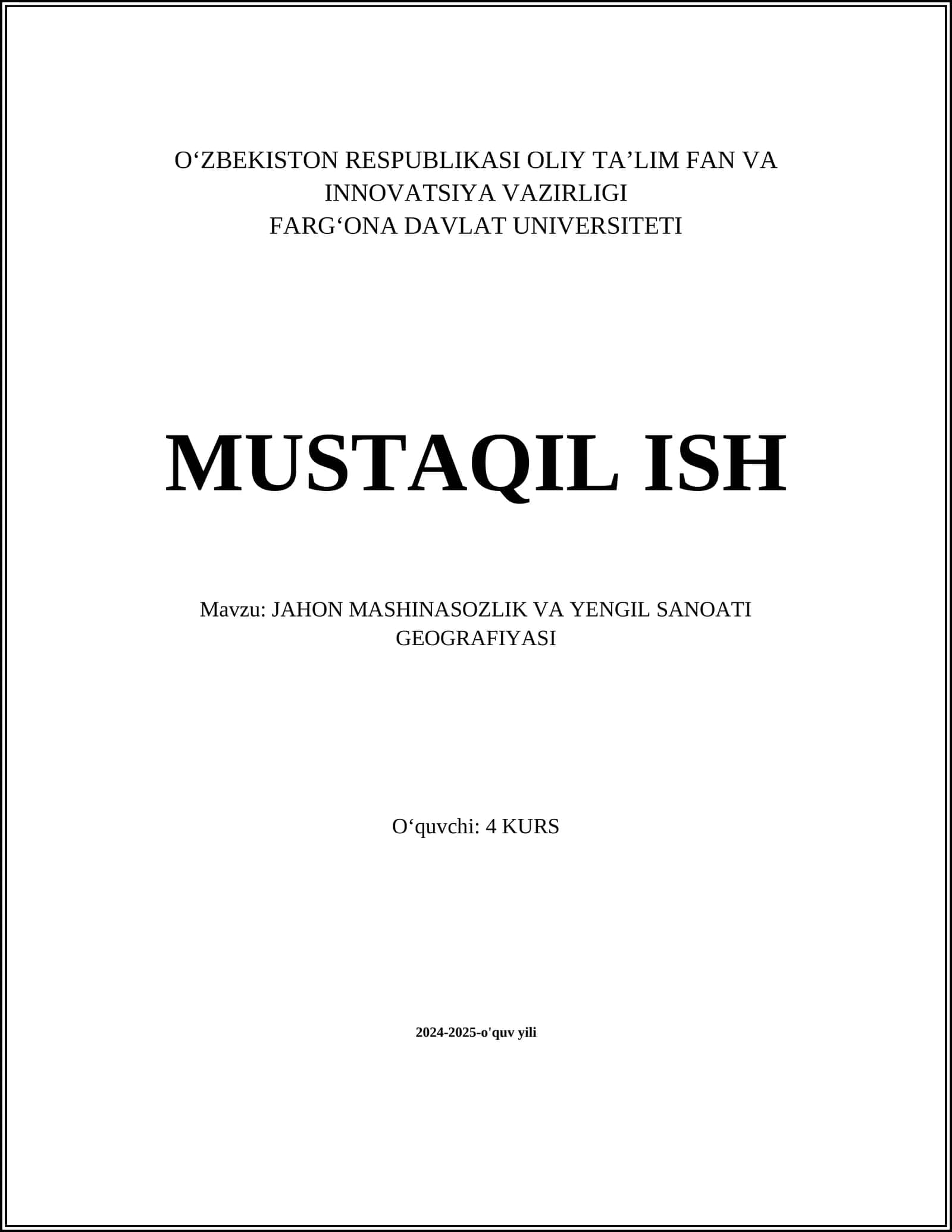 JAHON MASHINASOZLIK VA YENGIL SANOATI GEOGRAFIYASI