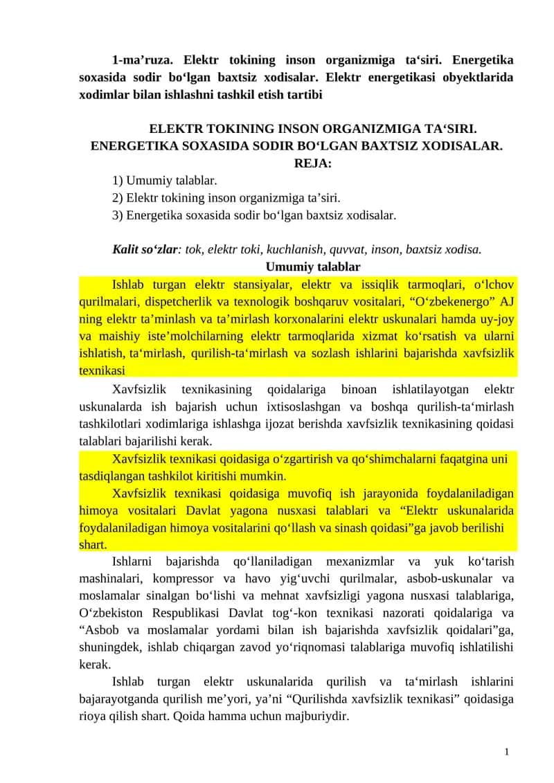 Elektr tokining inson organizmiga taʻsiri. Energetika soxasida sodir boʻlgan baxtsiz xodisalar