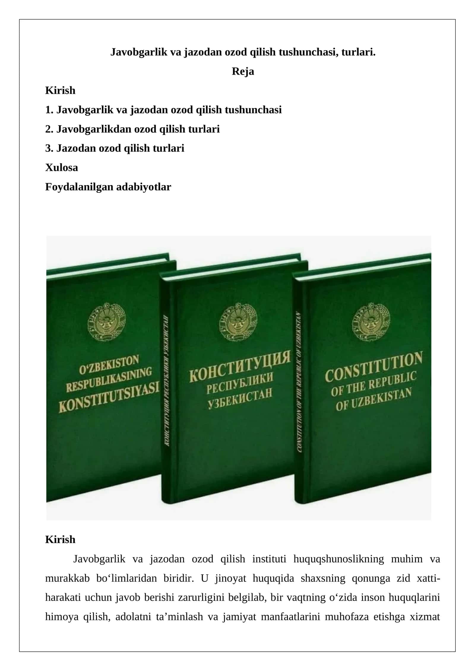 Javobgarlik va jazodan ozod qilish tushunchasi, turlari