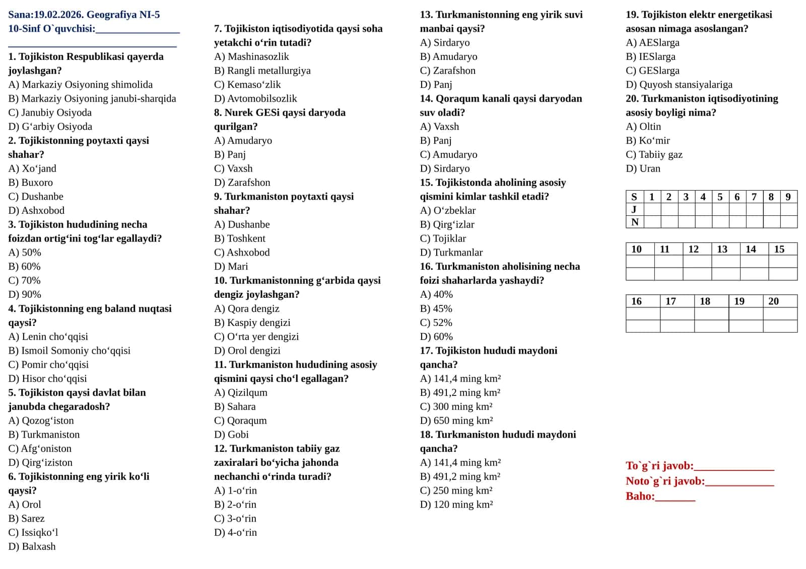10-sinflar uchun Geografiya fanidan Nazorat ishi-5