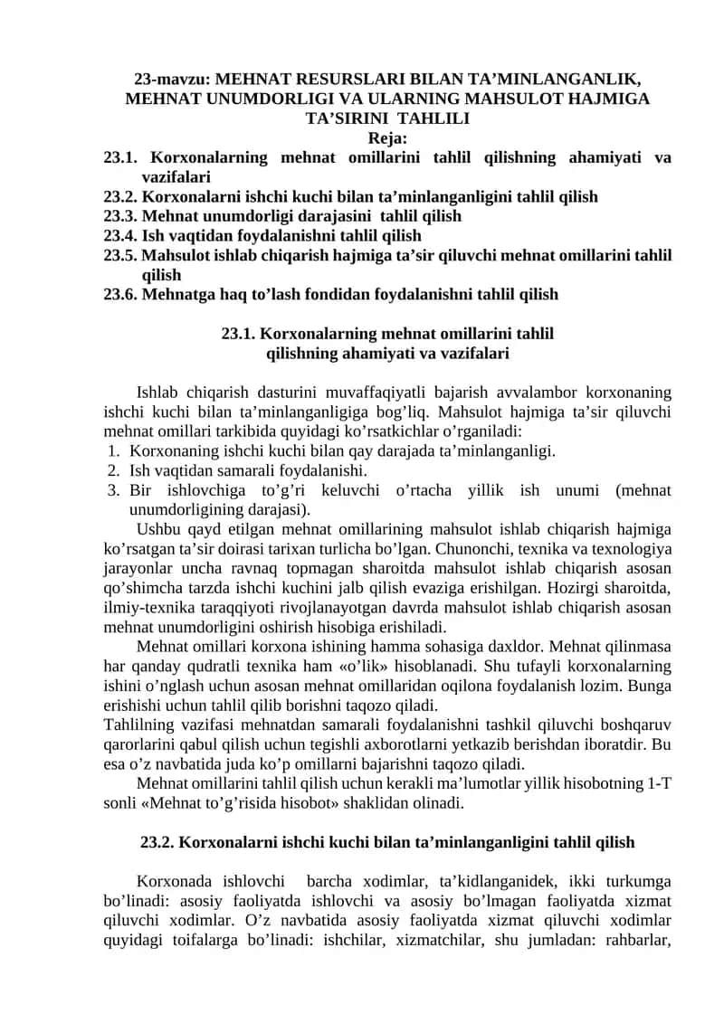 MEHNAT RESURSLARI BILAN TA’MINLANGANLIK