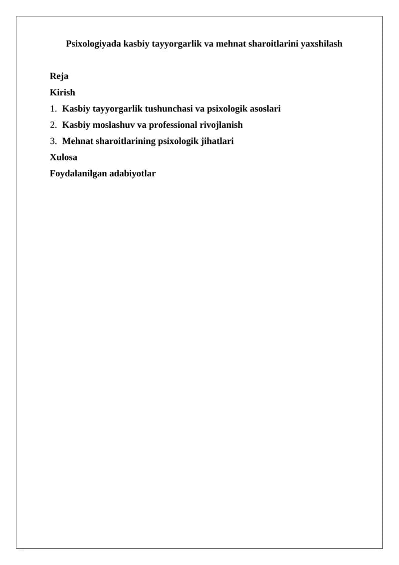 Psixologiyada kasbiy tayyorgarlik va mehnat sharoitlarini yaxshilash