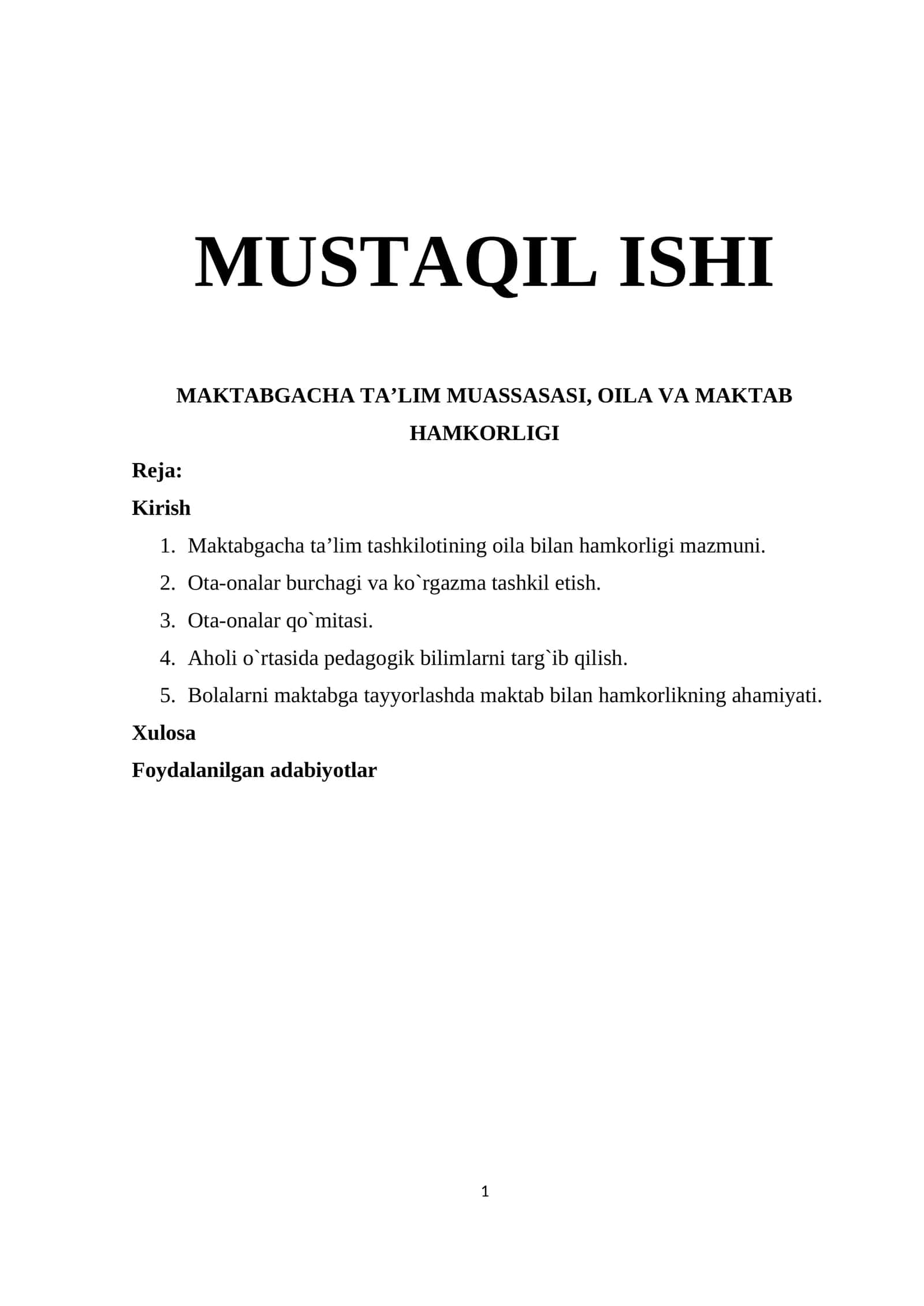 MAKTABGACHA TA’LIM MUASSASASI, OILA VA MAKTAB HAMKORLIGI