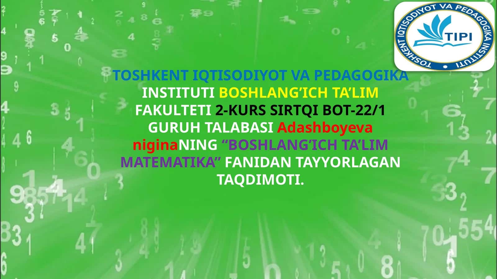 Boshlang'ich ta'lim matematika fanidan ta'lim