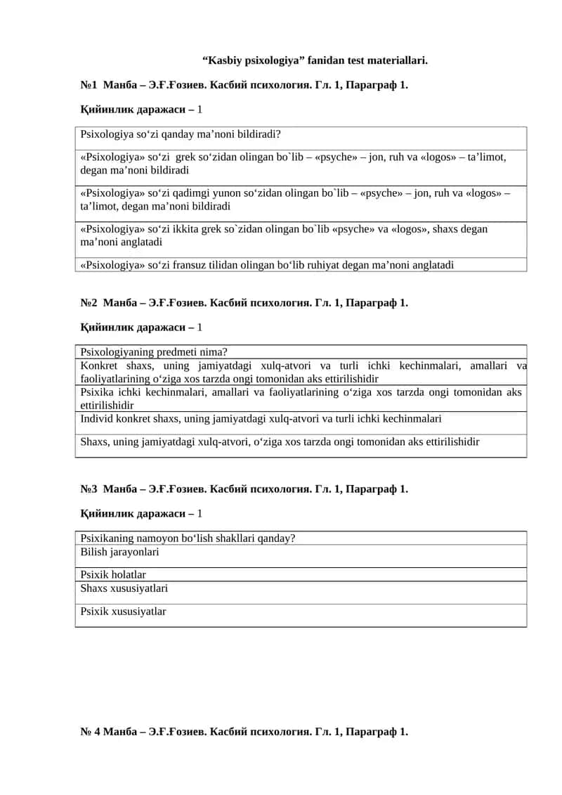“Kasbiy psixologiya” fanidan test materiallari
