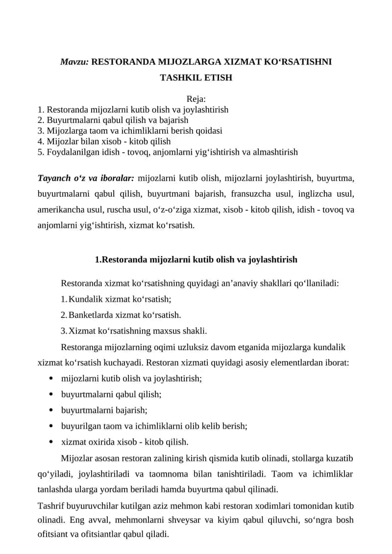 RESTORANDA MIJOZLARGA XIZMAT KO‘RSATISHNI TASHKIL ETISH