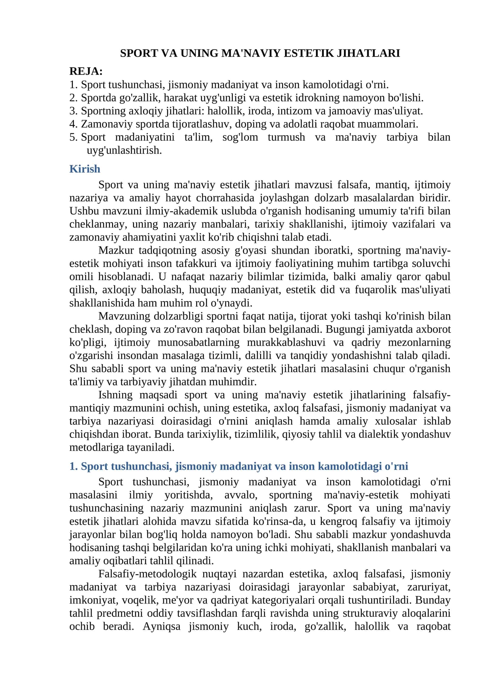 SPORT VA UNING MA'NAVIY ESTETIK JIHATLARI