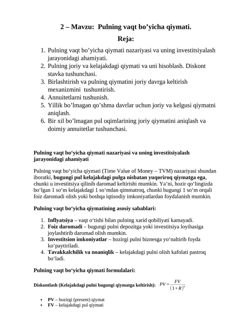 Pulning vaqt bo’yicha qiymati