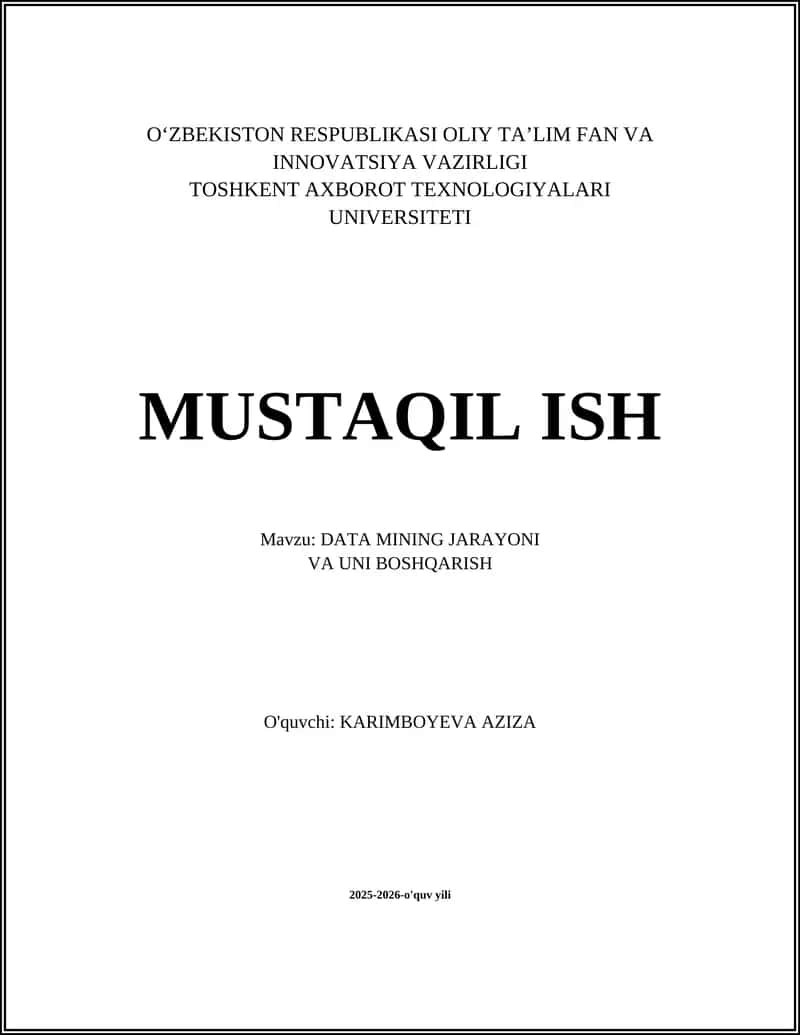 DATA MINING JARAYONI VA UNI BOSHQARISH